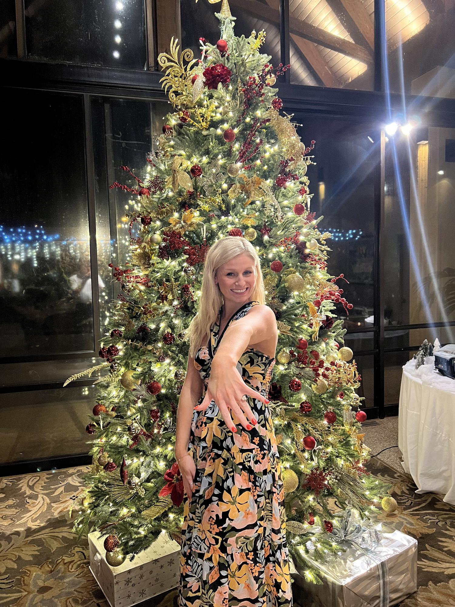 After my surprise engagement, Ryan took me to dinner by the ocean. I made sure to snap a picture with my new ring with the Christmas tree in the lobby :)