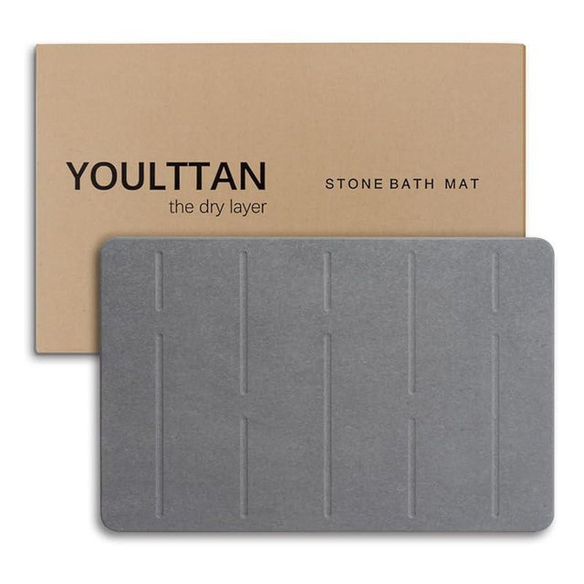 YOULTTAN Stone Bath Mat 24"x16" - Diatomaceous Earth Shower Mat, Quick Dry, Anti-Slip, Modern Design with Bonus Non-Slip Pad - Perfect for Home Safety and Style,Gray,Straight