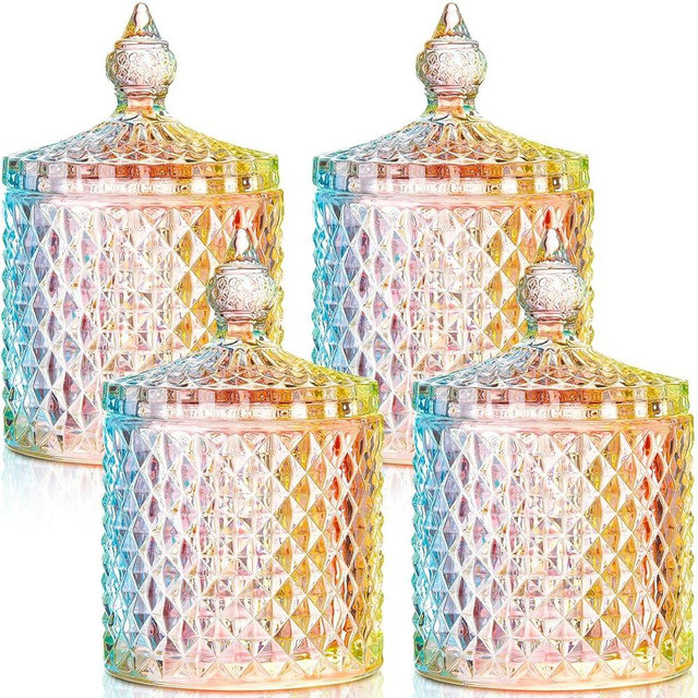 Aoriher 4 Pcs Crystal Glass Candy Jar Set with Lids Home Decorative Storage Jars for Apothecary, Bathroom, Kitchen, and Pantry, Ideal for Cotton Swabs and Jewelry(Large,Colorful)