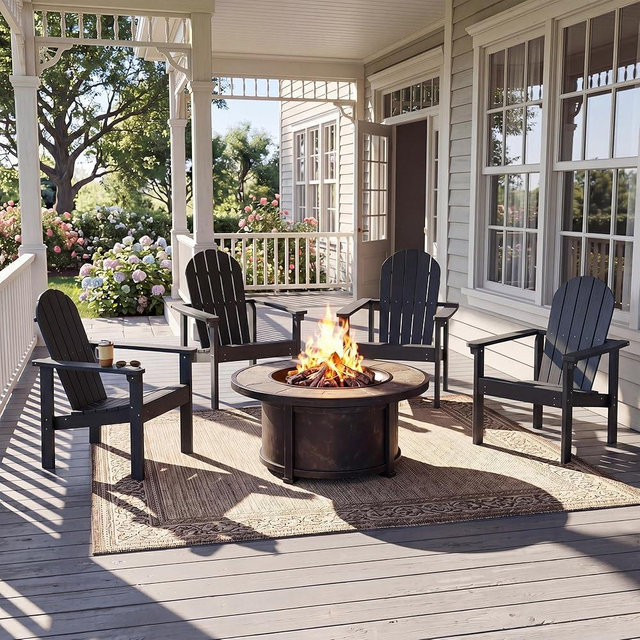 SERWALL Stackable Modern Adirondack Chairs Set of 4, HDPE Outdoor Patio Chairs with Space-Saving Design, All-Weather Fire Pit Chairs with Widened Seat for Deck, Backyard, Garden, Lawn (Black)
