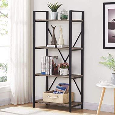 BON AUGURE Bookshelf 4-Tier Shelving Unit Metal Shelves Open Narrow Etagere Bookcase for Office Living Room (Dark Gray Oak)