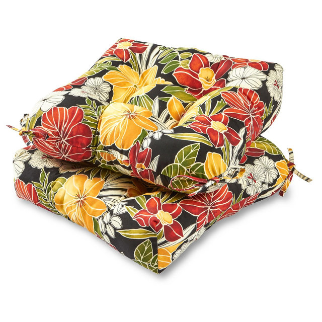 Kensington Garden 2pc 20"x20" Floral Outdoor Chair Cushions Aloha Black: Water-Resistant, Reversible, with Ties