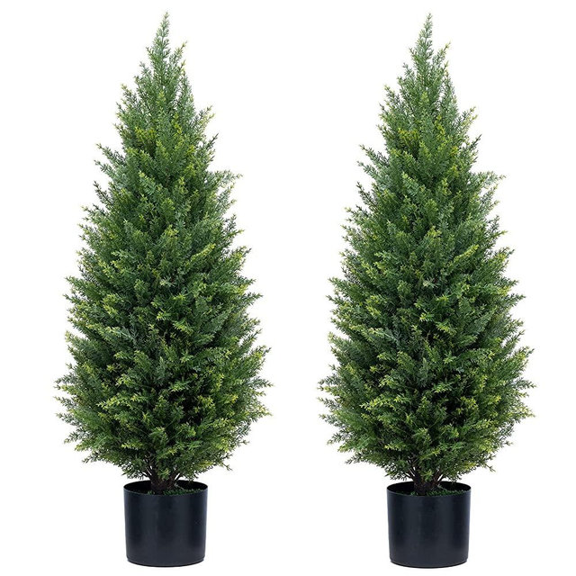 ECOLVANT Two 3ft (35'') Artificial Cedar Topiary Trees Indoor Outdoor UV Rated Potted Plants Artificial Potted Shrubs for Home Garden