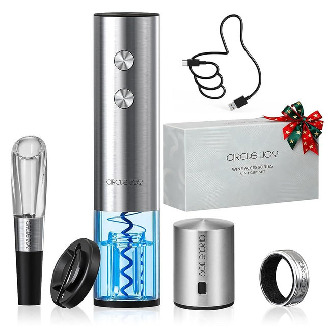 CIRCLE JOY Electric Wine Opener Rechargeable 5-in-1 Stainless Steel Wine Bottle Opener Premium Gift Set with Foil Cutter, Wine Aerator Pourer, Wine Drip Ring & Vacuum Stopper for Wine Lovers