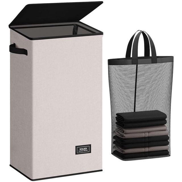 SOLEDI Laundry Hamper with Lid 100L Large & Tall Collapsible Laundry Basket, Clothes Hamper with Bag Removable Easy to Carry, Dirty Hampers for Bedroom, Bathroom, Dorm, College,Light taupe