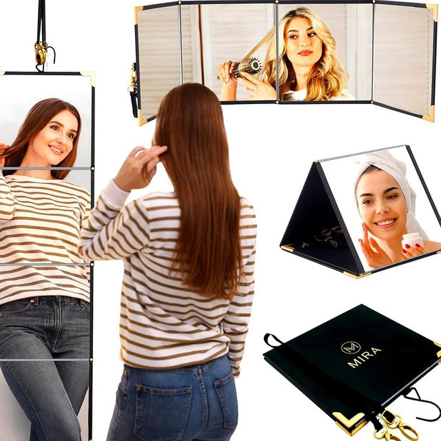 M MIRA Folding Full Length Travel Makeup Mirror - Portable Mirror in 3 Way - Pyramid, Vanity, Full Length - Hanging Mirror for Outfit, Hair & Makeup - Dance Bag, Closet, Camping