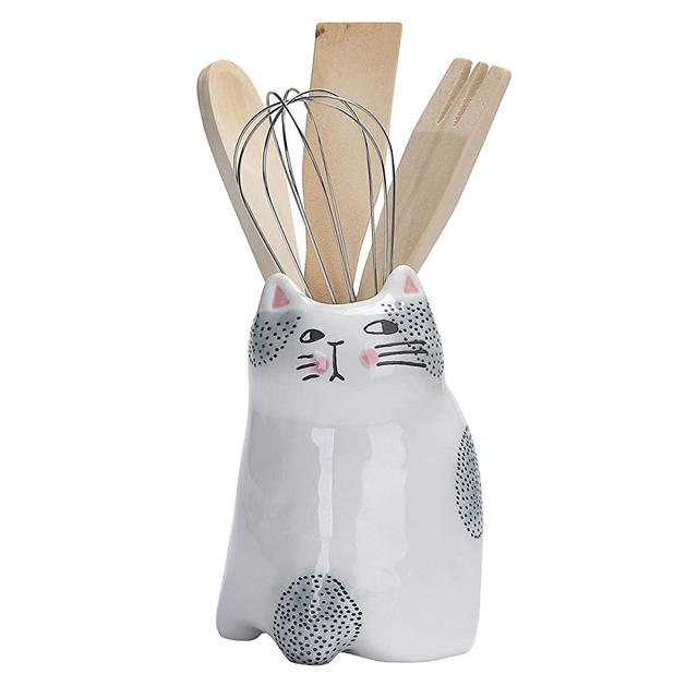 Bico Cartoon Cat Utensil Holder, Handpainted Stoneware, Dishwasher Safe