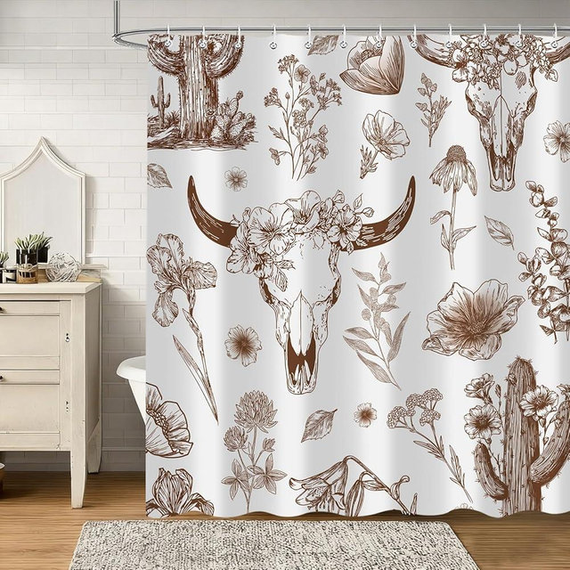 Raelith Western Cow Skull Shower Curtain, Brown Rustic Country Farmhouse Tribal Abstract Wildflower Shower Curtains, West Desert Cactus Plant Cow Print Bathroom Curtain Decor with Hooks 72Wx72H