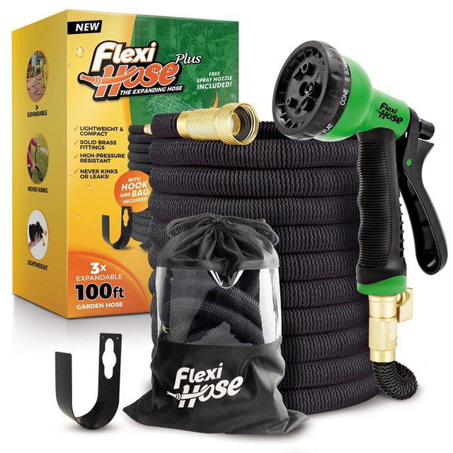 Flexi Hose Plus Expandable Garden Hose with 8 Function Nozzle, 100FT - Lightweight Retractable Garden Hose, Water Hose - No-Kink Flexibility, 3/4 Inch Solid Brass Fittings Includes Hook & Bag