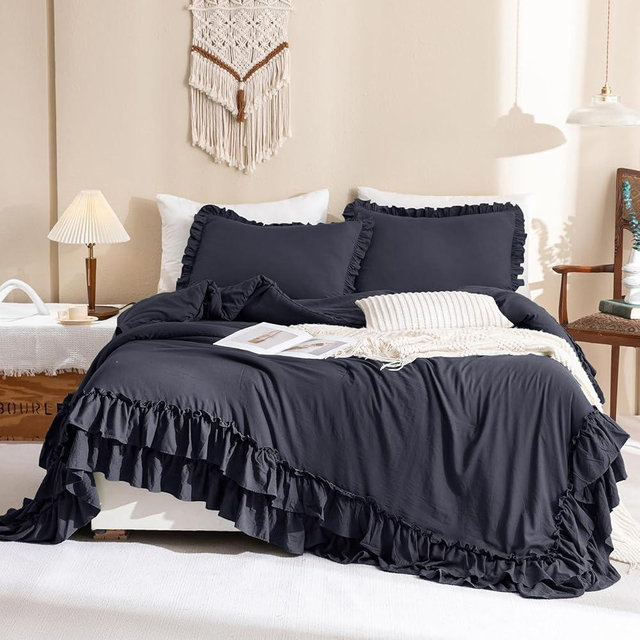 Masaca Shabby Comforter Set Queen,Farmhouse Rustic Boho Bedding Ruffled Comforter Set,Vintage Dark Grey Ruffle Comforter for Queen Bed Fluffy Aesthetic French Country Bedding 3 Pieces
