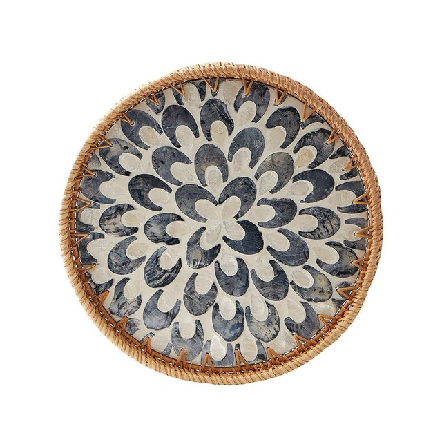 Round Rattan Tray with Mother of Pearl Inlay, Rattan Serving Tray with Wooden Base, Decorative Wicker Basket for Table Decor, Storage and Display of Coffee Bread Food Fruit (Plume 13.5")