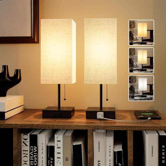 YIDPU Table Lamp for Bedroom,Nightstand Lamp for Bedside with AC Outlets,Adjustable 3color LED Light Desk Lamp for Home Decor,Included Bulb and Lamp Shade (Linen White-onlyAC, 2PCS)