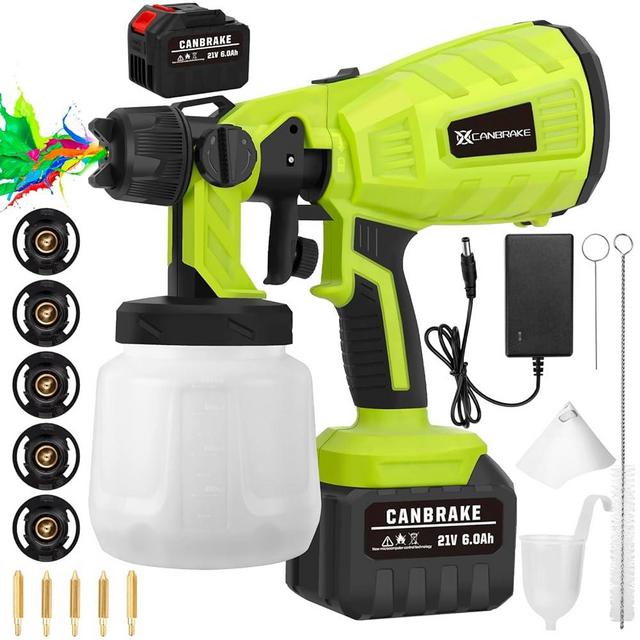 CANBRAKE Cordless Paint Sprayer, 21V 6.0Ah Battery Operated HVLP Electric Paint Gun with 5 Copper Spouts & 3 Patterns & 1000ML Container, 800W High Power Airless Paint Sprayer for Home DIY