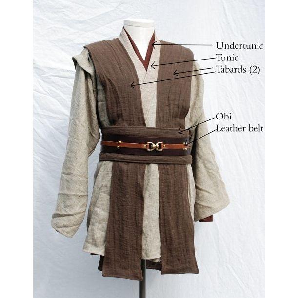 Parts of a Jedi (or Sith if in Black) tunic. The undertunic can be a dickie, the over tunic is a wrap shirt, the Tabbards attach at the shoulders, the Obi goes under the belt