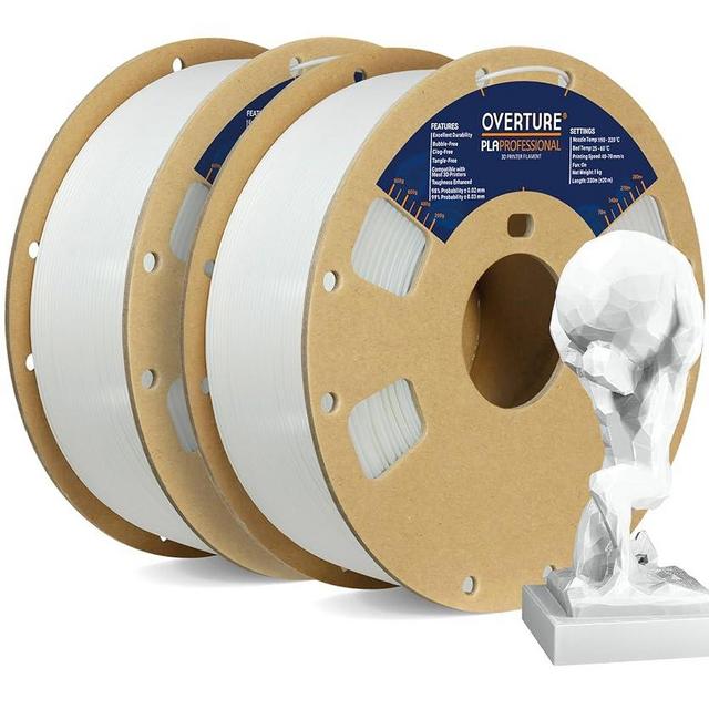OVERTURE PLA Plus (PLA+) Filament 1.75mm PLA Professional Toughness Enhanced PLA Roll, Cardboard Spool, Premium PLA 2kg(4.4lbs), Dimensional Accuracy Probability +/- 0.02mm (White 2-Pack)