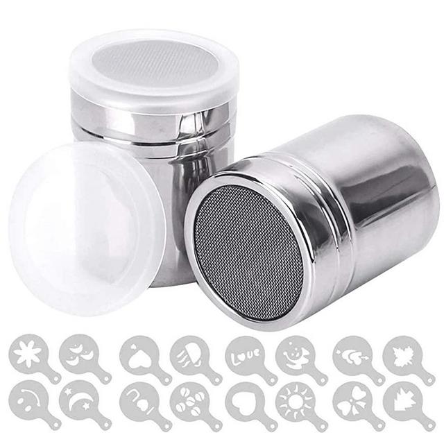 Tovip 2Pcs Sugar Shaker Stainless Chocolate Shaker Cocoa Flour Icing Sugar Powder Coffee Sifter Lid Shaker+16Pcs Coffee Stencils Template Duster Spray