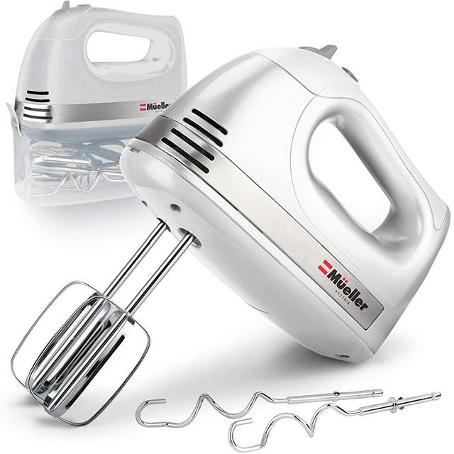 Mueller Electric Hand Mixer, 5 Speed 250W Turbo with Snap-On Storage Case and 4 Stainless Steel Accessories for Easy Whipping, Mixing Cookies, Brownies, Cakes, and Dough Batters - White
