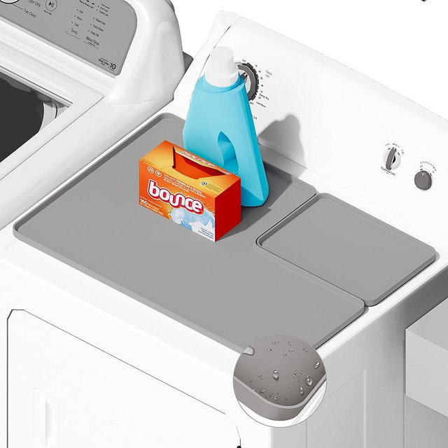 SEIRI 1pcs Dryer Top Protector Mat with Lint Trap Hole Cut Out Set, 26" x 18" Silicone Dryer Top Protector Mat Non-Slip Waterproof Laundry Dryer Cover for the Top (Light Gray)