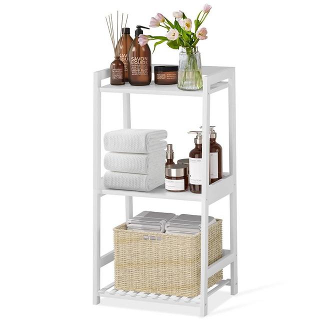 POXAKA 3 Tier Bamboo Bathroom Shelves, Ladder Shelf for Storage, Rustic Home Organizer, Space-Saving Design, Stylish Display Nightstand, Stylish Storage Solution for Home, Living Room, Kitchen