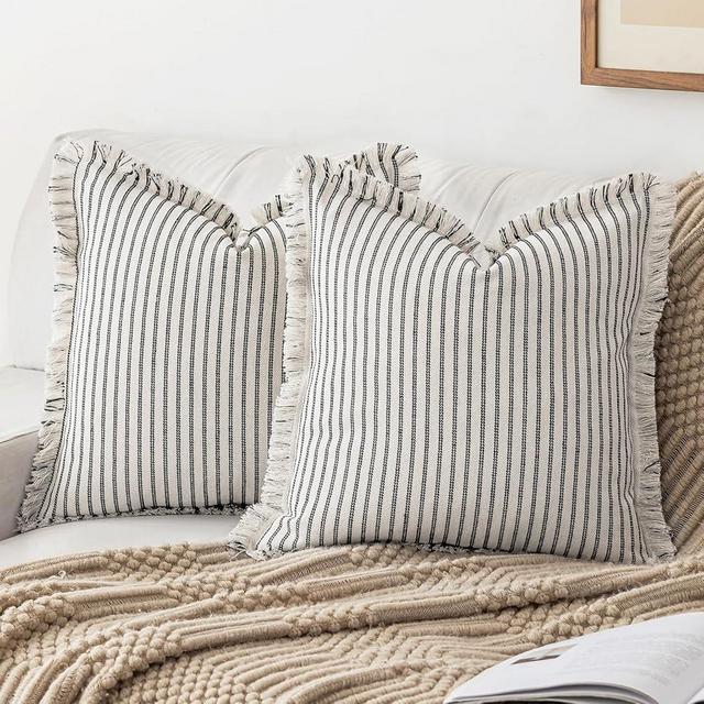 YEENAASY Striped Farmhouse Throw Pillow Covers 18X18 Set of 2 Boho Pillow Cover with Fringe Tassel Chic Cotton Decorative Pillows Modern Neutral Square Cushion Pillowcase for Sofa Couch Bed, Black
