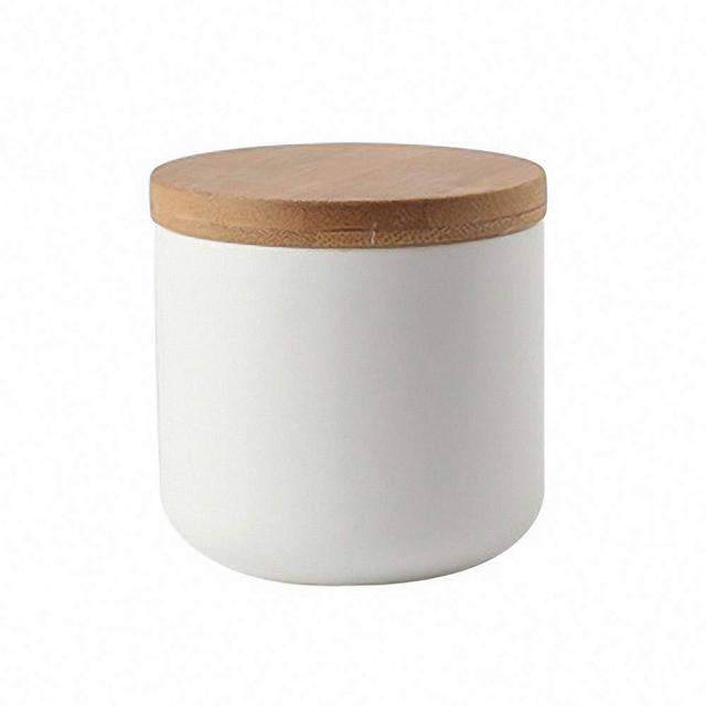Pure Color Ceramic Sugar Bowl with Wooden Lid Sugar Dispenser Salt Pepper Storage Jar Pot Sugar Container Seasoning Pot Box Condiment Spice Racks Holder for Home Kitchen, White