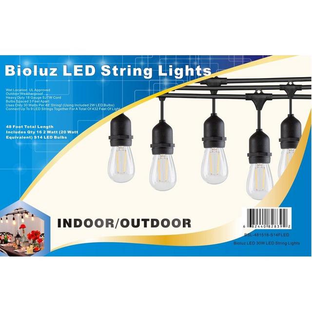 Bioluz LED 48' Outdoor String Lights for Patio Porch Bistro Deck and Garden, 15 Weatherproof Sockets, Includes Vintage LED Bulbs UL Listed