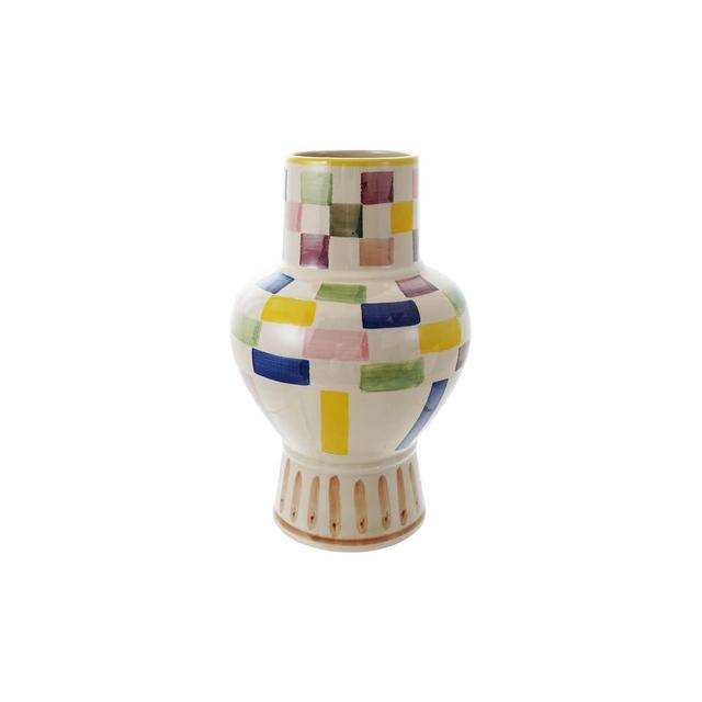 Creative Co-Op Hand-Painted Stoneware Vase with Check Pattern, Multicolor