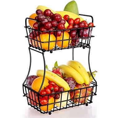 TomCare 2-Tier Fruit Basket Metal Fruit Bowl Bread Baskets Detachable Fruit Holder kitchen Storage Baskets Stand - Screws Free Design for Fruits Breads Vegetables Snacks, Bronze
