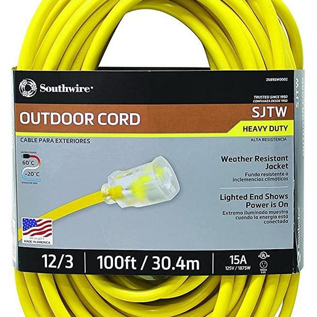 Southwire 25890002 2589SW0002 Outdoor Cord-12/3 American Made SJTW Heavy Duty 3 Prong Extension Cord, Water Resistant Vinyl Jacket, for Commercial Use and Major Appliances, Foot, Yellow, 100 Feet
