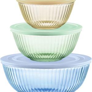 Pyrex Colors Tinted (3-Pack, Full Set) Sculpted Tinted Glass Mixing Bowls With Plastic Lids, Nesting Space Saving Set of Bowls For Prepping and Baking, 1.3QT, 2.3QT & 4.5QT