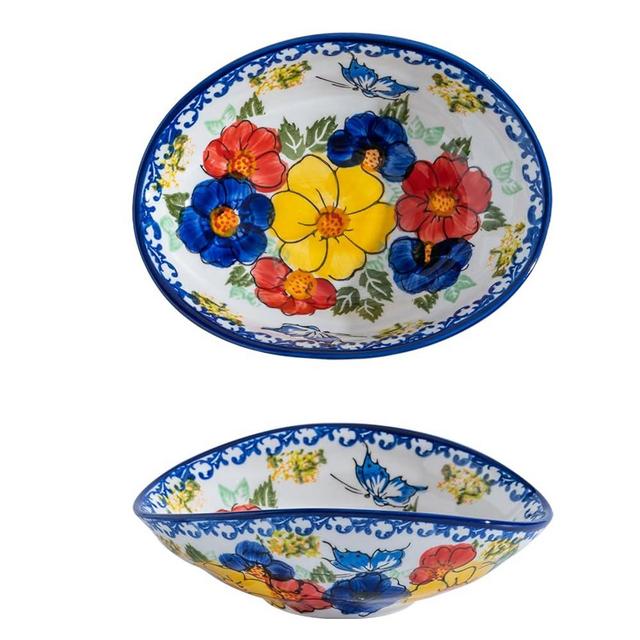 ALMA Handpainted Oval Serving Bowl for Holidays,Curved Edged Serving Dish in Polish Pottery Style,Side Dishes,Ideal Decoration for Dinner Parties,Kitchen Table and Birthday Gift-Bloom Garden Theme