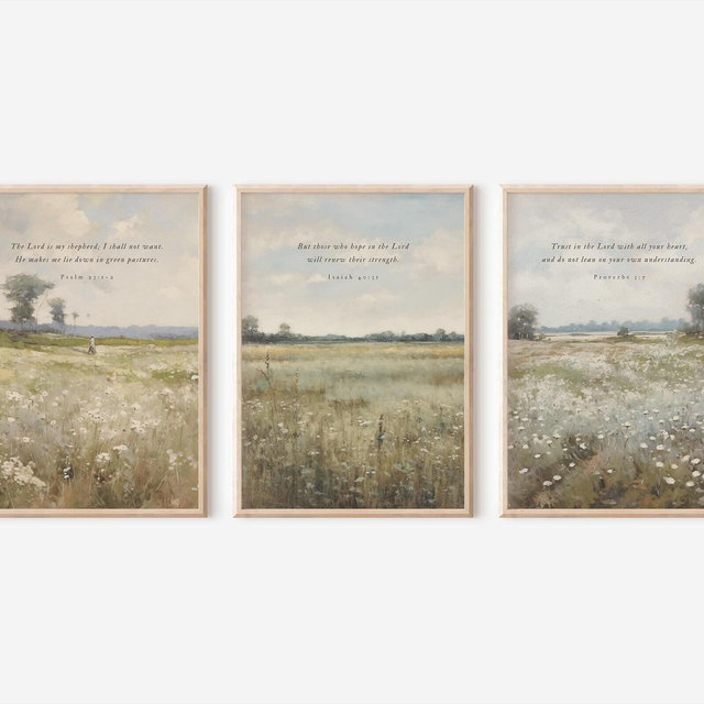Christian Wall Art Set | Wildflower Bible Verse Prints | Vintage Scripture Floral Art | Psalm 23
