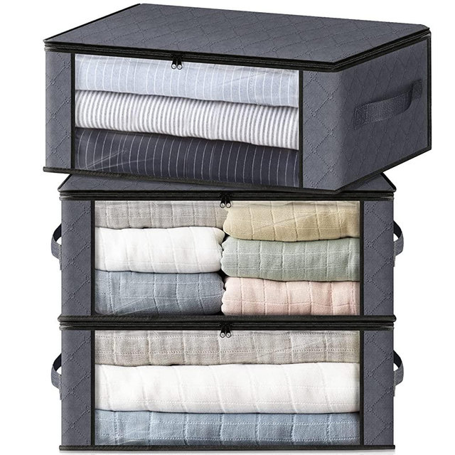 HomeHacks Clothes Storage Bags Foldable Closet Organizers and Storage Containers Under Bed Storage Bins with Large Clear Window for Bedding, Clothing, Pillows, Toys, Blankets (3 Packs, Grey)