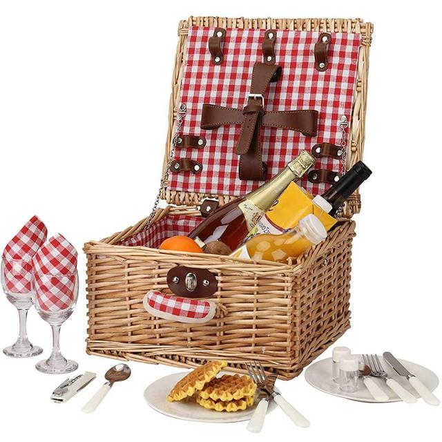 ZORMY Picnic Basket for 2 Person, Durable Wicker Picnic Hamper Set, Willow Picnic Basket Accessories Plates and Utensils, Perfect Wedding, Anniversary or Birthday Gift (Red Check)