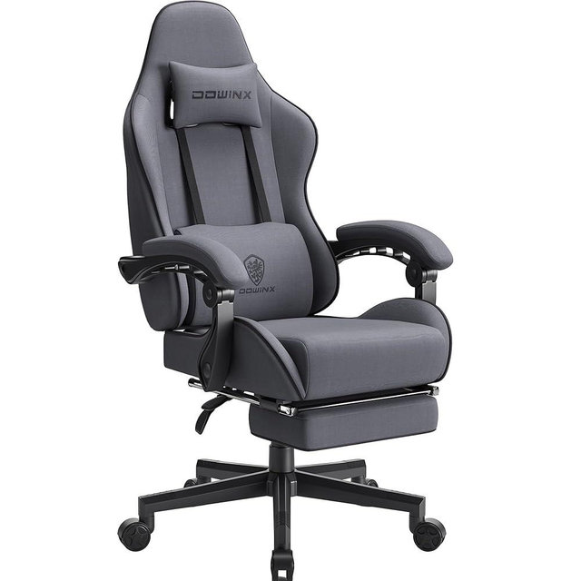Dowinx Gaming Chair Fabric with Pocket Spring Cushion, Massage Game Chair Cloth with Headrest, Ergonomic Computer Chair with Footrest 290LBS, Grey