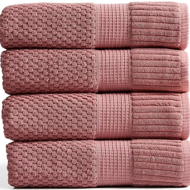NY Loft 100% Cotton Bath Towel 4 Pack | Super Soft & Absorbent Quick-Dry Bath Towels 30" x 52" | Textured and Durable Cotton | Premium Thick Towels | Trinity Collection (4 Pack Bath Towel, Rose)