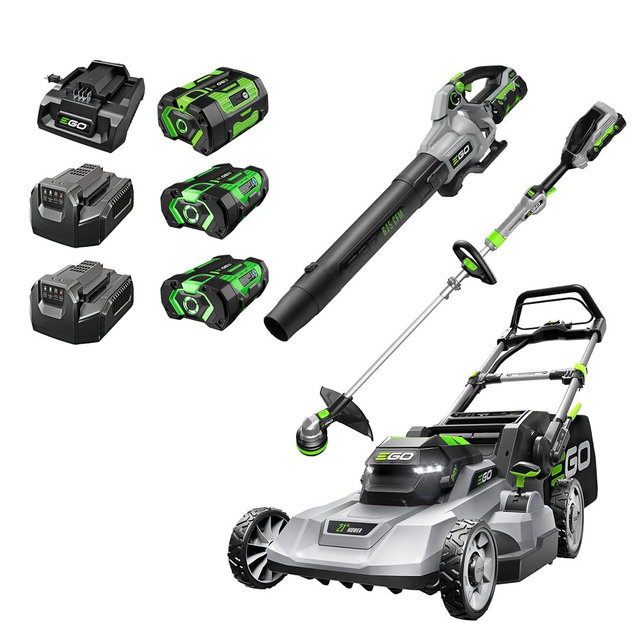 EGO POWER+ 56V Starter Collection 21" Cordless Push Lawn Mower LM2114 & 15" Powerload String Trimmer ST1511T & 615CFM Leaf Blower LB6151, (1) 4Ah (2) 2.5Ah Batteries and (3) Chargers Included