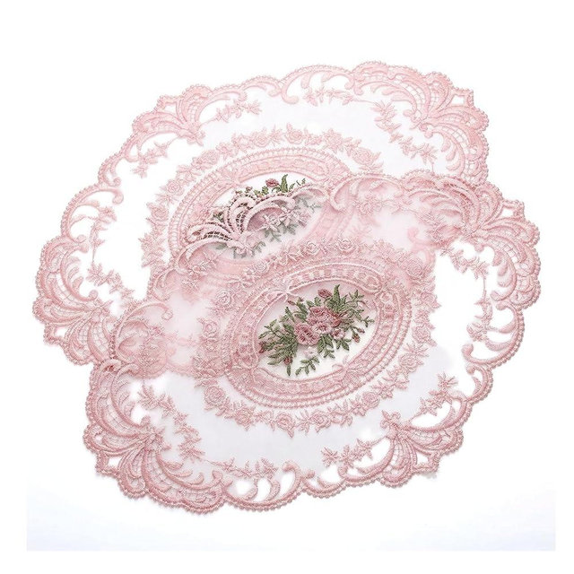 2Pcs Lace Placemats French Style Retro Placemats Pink Doilies Table Runner Lace Dresser Scarves Cup Mat Table Runner with Pink Flowers Doilies
