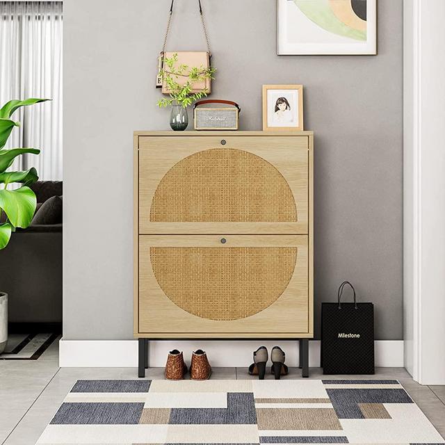 Goujxcy Natural Rattan Shoe Cabinet with 2 Flip Drawers, Modern 2-Tier Shoe Rack Storage Cabinet for Heels, Boots, Slippers, Free Standing Shoe Rack for Living Room Entrance Hallway (Brown-2 Door)