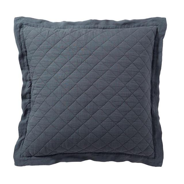 Belgian Flax Linen Diamond Quilted Shams, Euro, Steel Blue, Set of 2