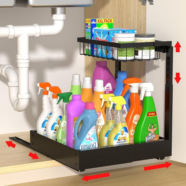 CAWIU Expandable Under Sink Organizer and Storage, 2-Tier Adjustable Pull-Out Cabinet Organizers, Slide-Out Shelf with Width (9.9"-15.7") & Height (11.6"-15.6") for Kitchen & Bathroom