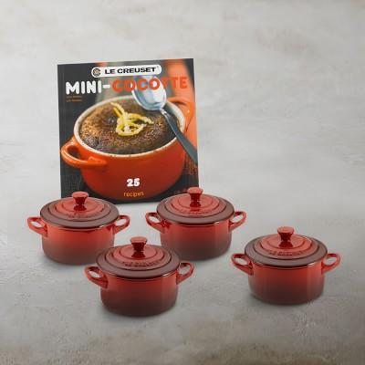 Le Creuset Stoneware 4-Piece Mini Cocotte Set with Cookbook - Red