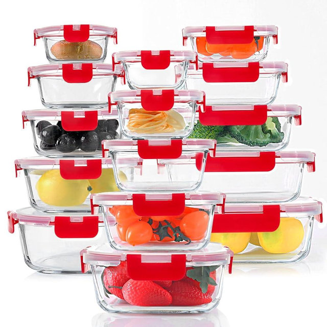 30 Pieces Glass Food Storage Containers Set, Glass Meal Prep Containers Set with Snap Locking Lids, Airtight Glass lunch Containers, BPA-Free, Microwave, Oven, Freezer & Dishwasher Friendly,Red