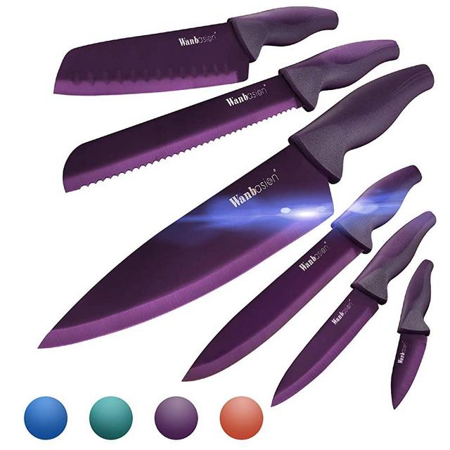 Wanbasion Purple Professional Kitchen Knife Chef Set, Kitchen Knife Set Stainless Steel, Kitchen Knife Set Dishwasher Safe with Sheathes