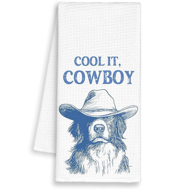 Dimurela Dog Border Collie Cowboy Kitchen Towels, Western Cool Dish Towel Gifts for Dog Lovers Christmas, Funny Hand Towels Decor for Bathroom, Retro Blue Tea Bar Waffle Towel for Dorm Home 16x24in