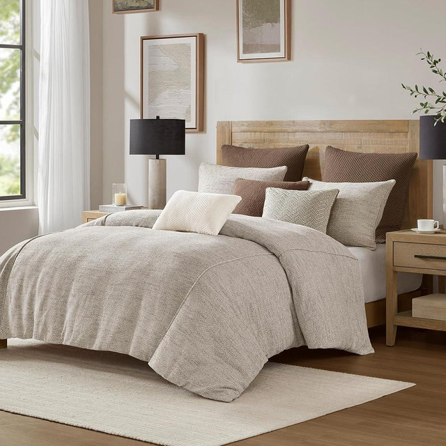 MADISON PARK SIGNATURE King Comforter Set Chenille Jacquard, Cotton Reverse, King Oversized Comforters, Removable Cover, All Season King Bedding, Decor Pillows, Chapman, King Ivory/Neutral 9 Piece