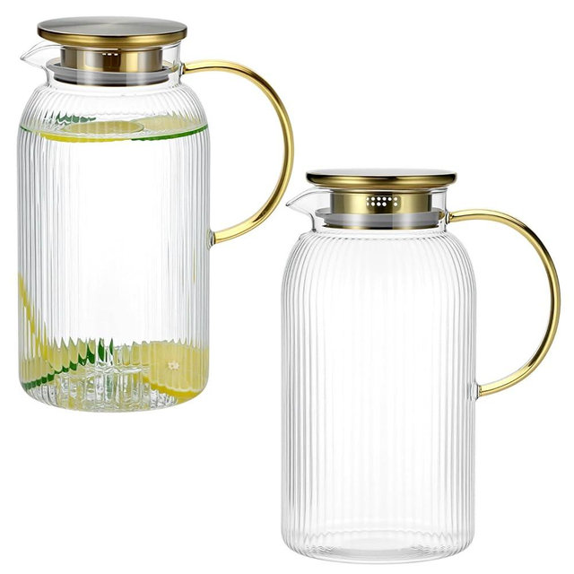 QWORK Glass Pitcher with Lid, 2 Pack 68oz / 2L Heat-Resistant Borosilicate Carafe with Stainless Steel Filter Lid, Vertical Stripe Water Jug for Hot & Cold Beverages, Coffee, Juice