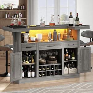 Loomie Bar Table Cabinet with LED & 3 Drawers,Liquor Bar with Adjustable Storage Shelves & Stemware Holders,Crescent Shaped Counter for Home Pub,Wine Alcohol Bar Stand with Wine Rack & Door (Grey Oak)