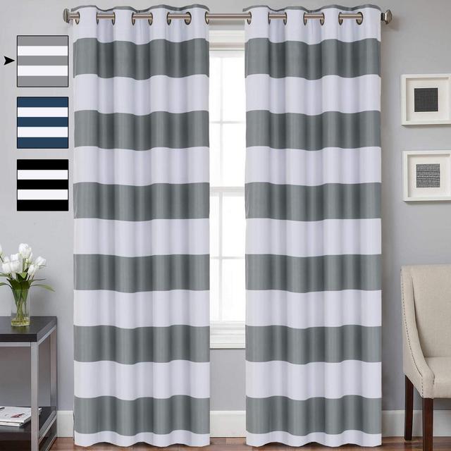 Stripes Curtains Grommet Top Window Curtain Panel Window Treatment Draperies Grey Window Treatment Thermal Insulated Blackout Curtain for Living Room 2 Panels 84 inch Gray / White Striped Pattern