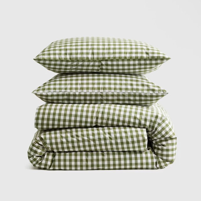 Classic Organic Percale Gingham Duvet Cover Set in Olive, Size Full/Queen